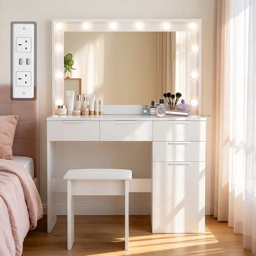 White dressing table with bulb - white,